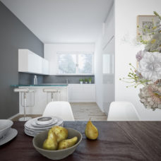 Wohnzimmer mit Blick in die Küche der Musterwohnung vom Projekt "Bonum12" in Kelkheim
